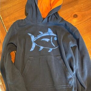 Blue Fish Graphic Hoodie with Orange Lining